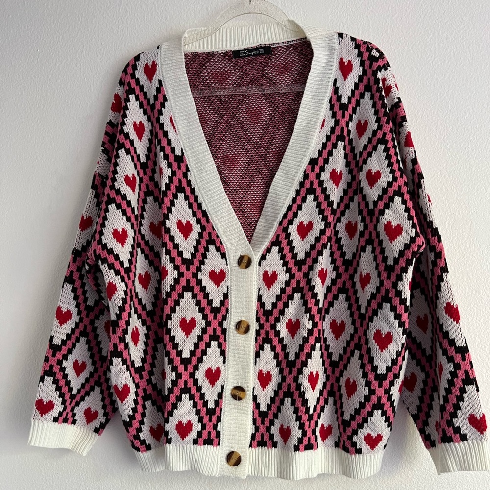 Plaid Heart Pattern Women Knitted Cardigan Sweater